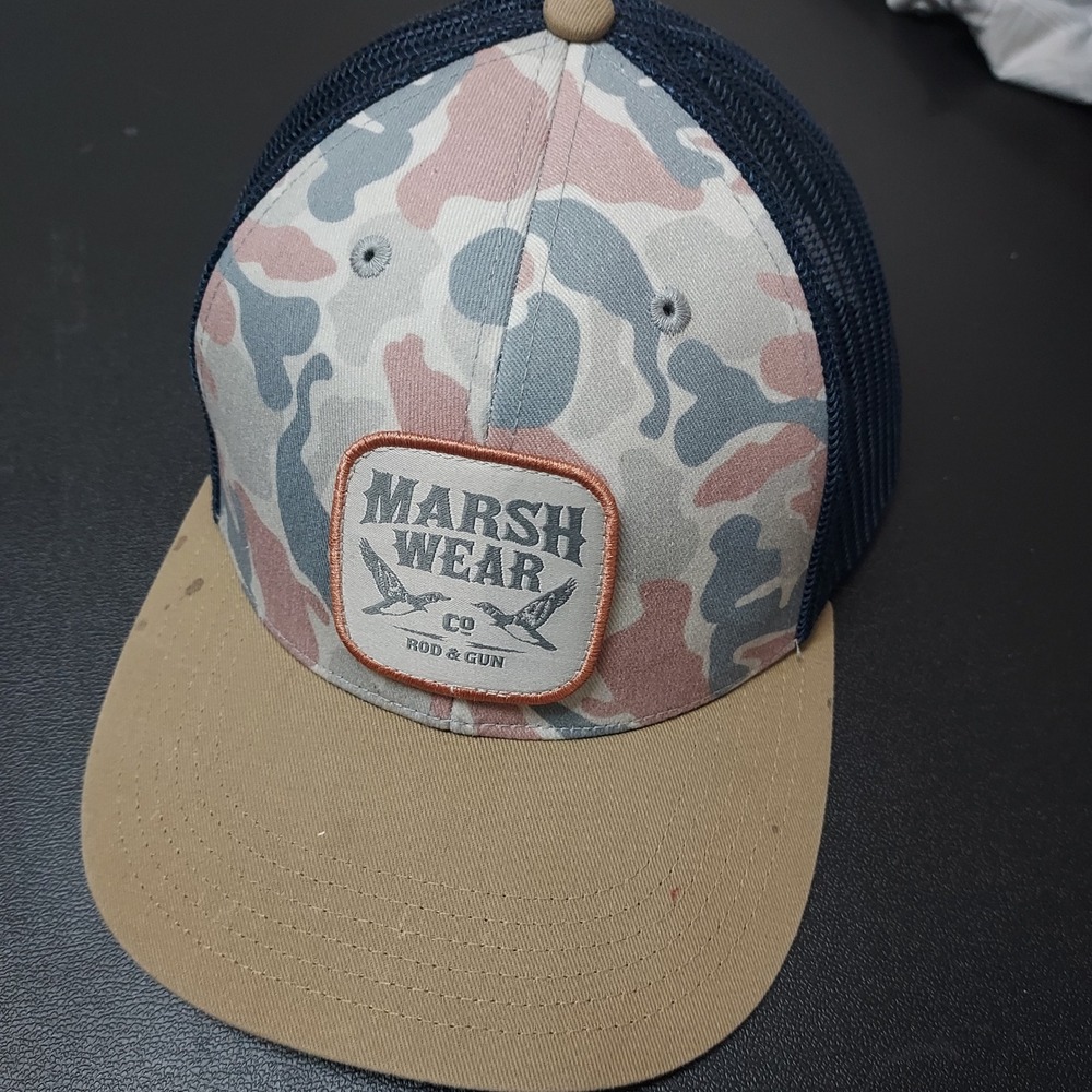 Marsh Wear Hat Mens OSFA Duck Camo Mesh Back Trucker Tan Blue Snap Back Hunting